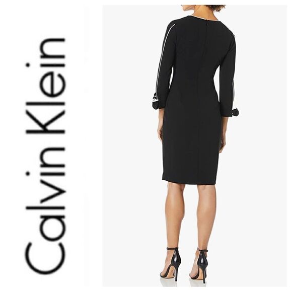 Calvin Klein Black V Neck Sheath Dress with Contrast Piping Size 4 Petite NWT - Picture 2 of 13